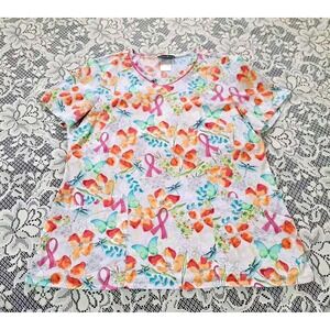 Cherokee Scrub Top Size XL 3 Pocket Multicolor Floral Breast Cancer Awareness